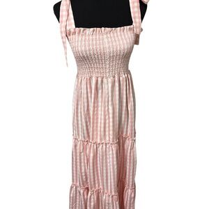 Women’s Smocked Maxi Dress Tiered Pleated Tie Shoulders Gingham Coquette L
